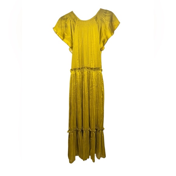Current Air Anthropologie Gold Silky Smocked Cap Sleeve Midi Dress Size Small - Picture 3 of 8